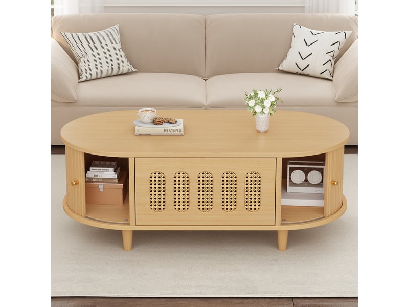  Table basse ovale 100 cm avec rangements, 1 tiroir à pression, 2 portes à rideau, façade à cannage, mdf et pieds en bois massif, décor bois clair Luxe haut de gamme - Conforama D