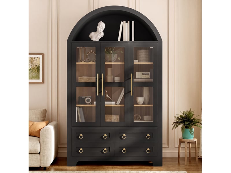  Buffet haut 110 x 40 x 185 cm – noir – 3 portes vitrées, 4 tiroirs et niche arquée de présentation  - Conforama B