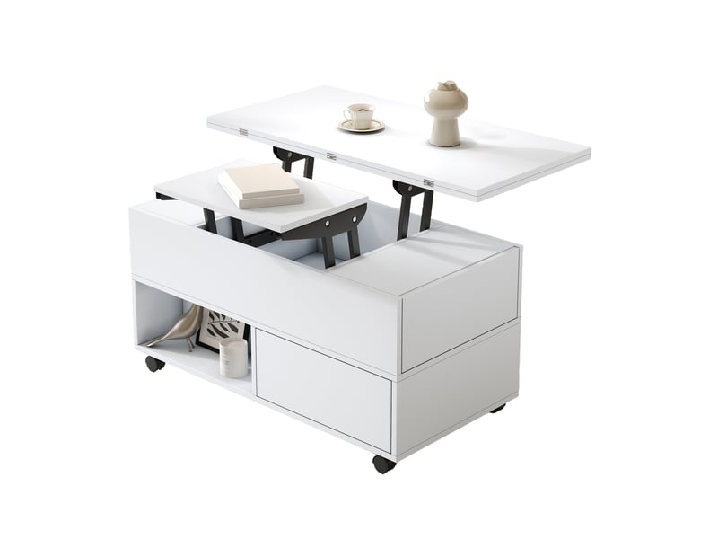  Table basse relevable blanche multifonction 100cm - 4 tiroirs, roulettes, rangement  - Conforama A