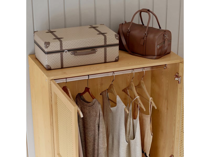 Armoire 2 portes avec tringle – rotin naturel en maille, couvercle rabattable, panneaux de particules - Conforama E