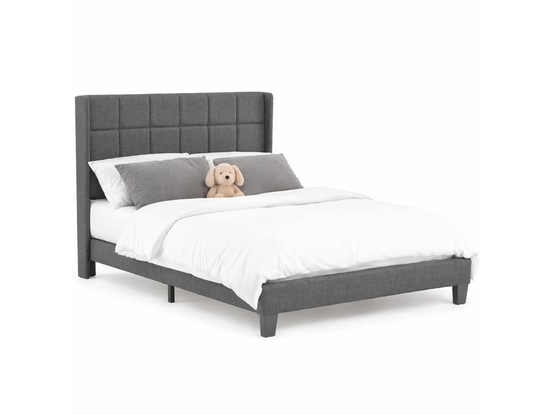 Lit rembourré 140 × 200 cm 2 places avec matelas à ressorts ensachés, sommier inclus, tissu gris  - Conforama A