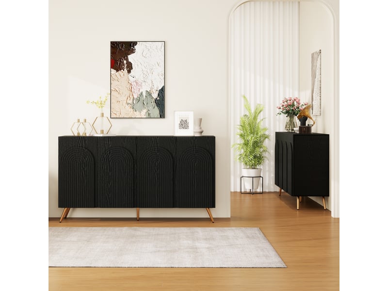  Buffet noir style mid-century avec portes arquées, étagères réglables et pieds en métal doré, 150 cm  - Conforama W