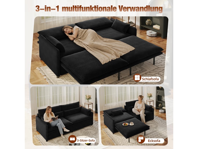 Canapé convertible 3 places 206 cm, 3-en-1 avec couchage double et rangement, dossier réglable, chenille, noir OMNIGLINT TRADING LTD - Conforama D