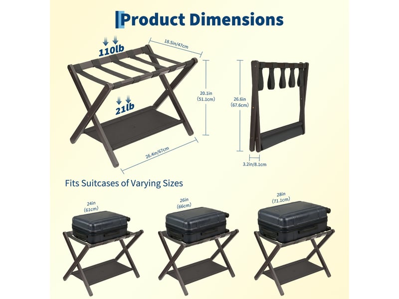  Lot de 2 porte-bagages pliant de luxe en bambou avec étagère, sangles nylon résistantes, charge 50 kg – chambre, salon, hôtel-marron PHK_37RDY3R5 - Conforama D