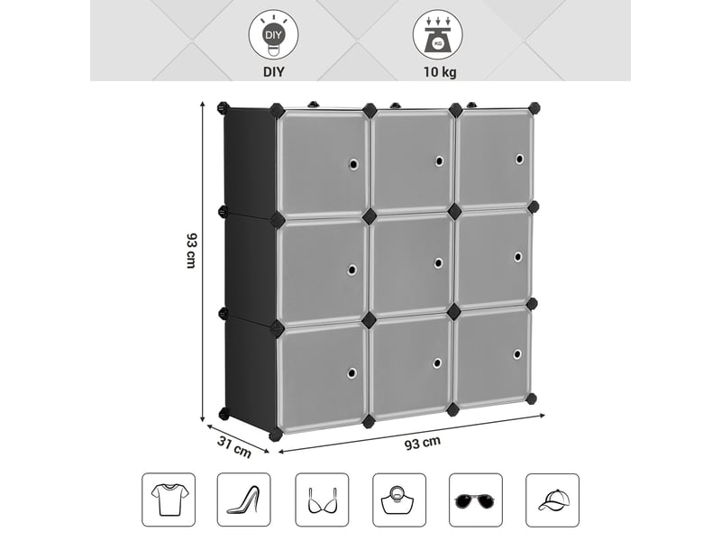 Songmics lpc116hs meuble de rangement 9 cubes en plastique avec portes, armoire modulaire pour vêtements, chaussures, jouets, livres, facile à assembler, noir 31 x 93 x 93 cm, Excellente stabilité,Noir - Conforama E