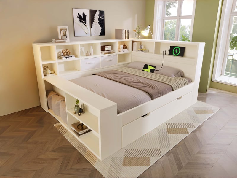  Lit avec rangement 140x190 blanc, lit en bois avec lit gigogne, 8 compartiments de rangement et ports de charge usbtype-c  - Conforama B