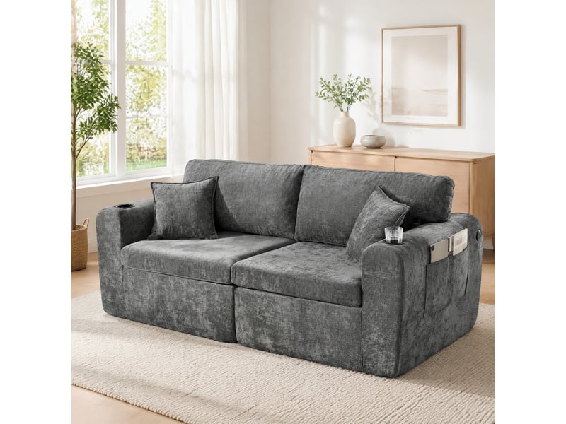  Canapé droit 2 places avec poches latérales et porte-gobelets  - coussins, chenille - gris  - Conforama C