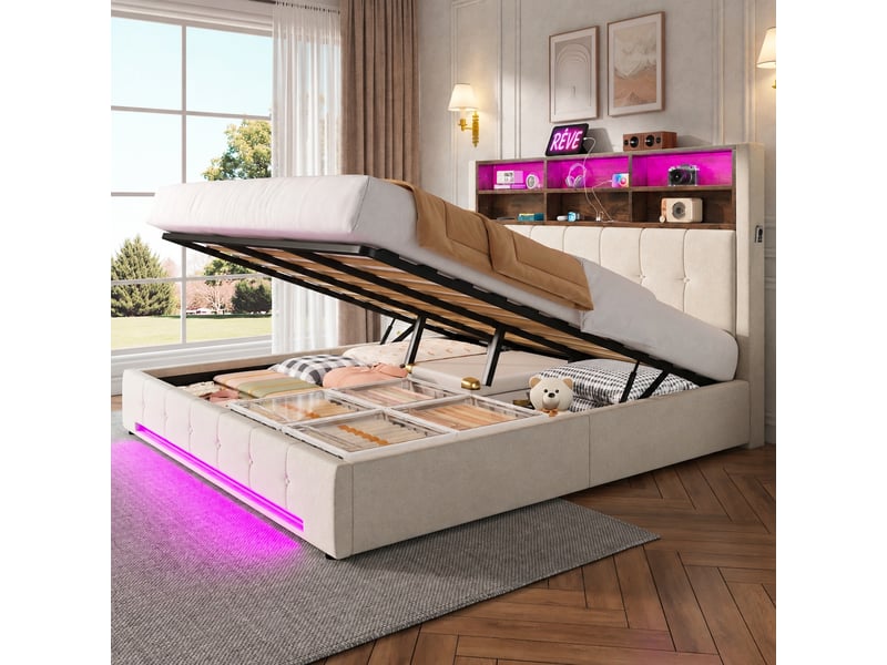  Lit coffre 180x200 en velours beige, ouverture hydraulique, tête de lit à 6 niches, usb-c et led  - Conforama B