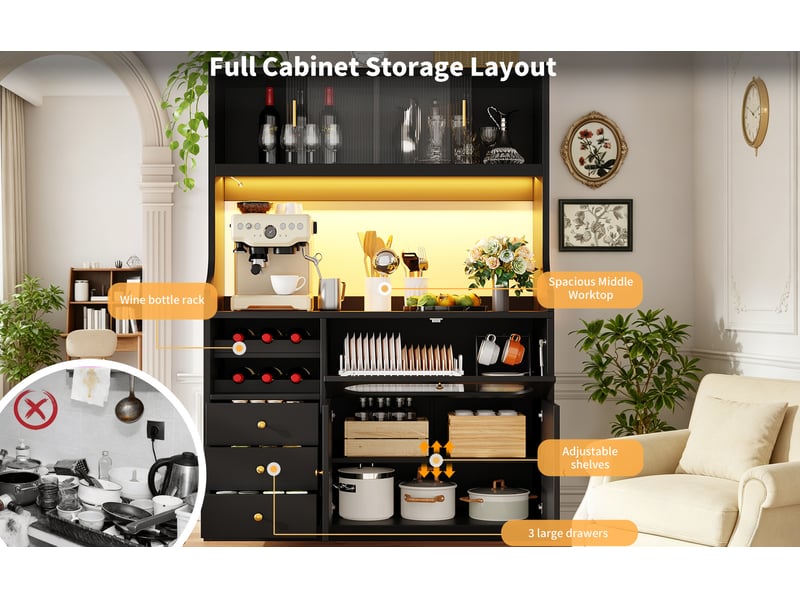  Buffet haut de cuisine 120 cm avec led rgb, portes vitrées coulissantes, casier à bouteilles, 3 tiroirs, noir  - Conforama D