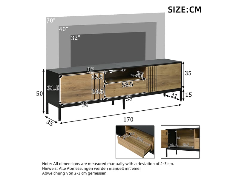  Meuble tv modenvie 170 x 35 x 50 cm avec 2 portes et 1 tiroir chêne et noir  - Conforama C