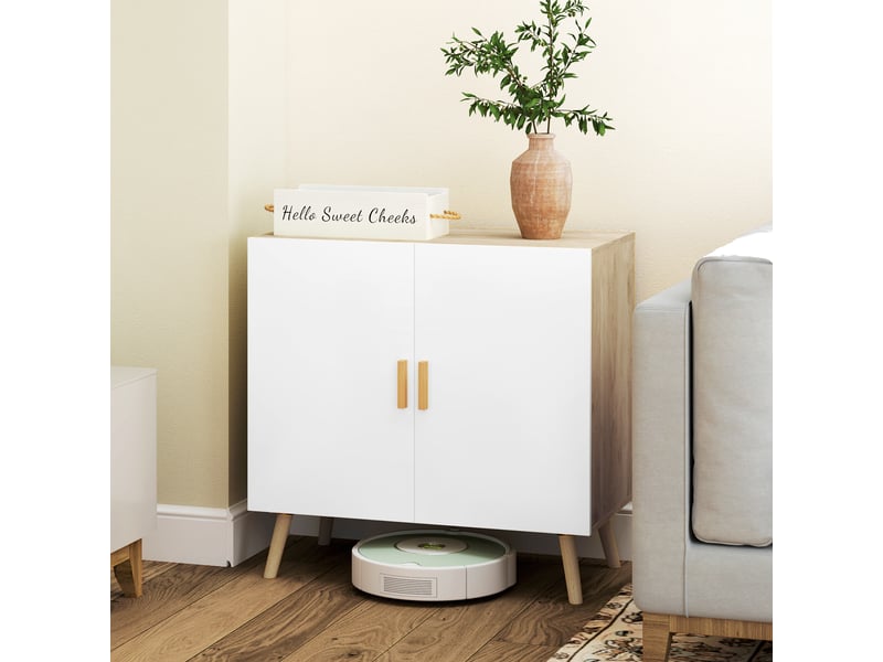  Buffet meuble de rangement avec poignées en bambou étagère ajustable base surélevée 76 x 41,2 x 74 cm blanc bois naturel  - Conforama A