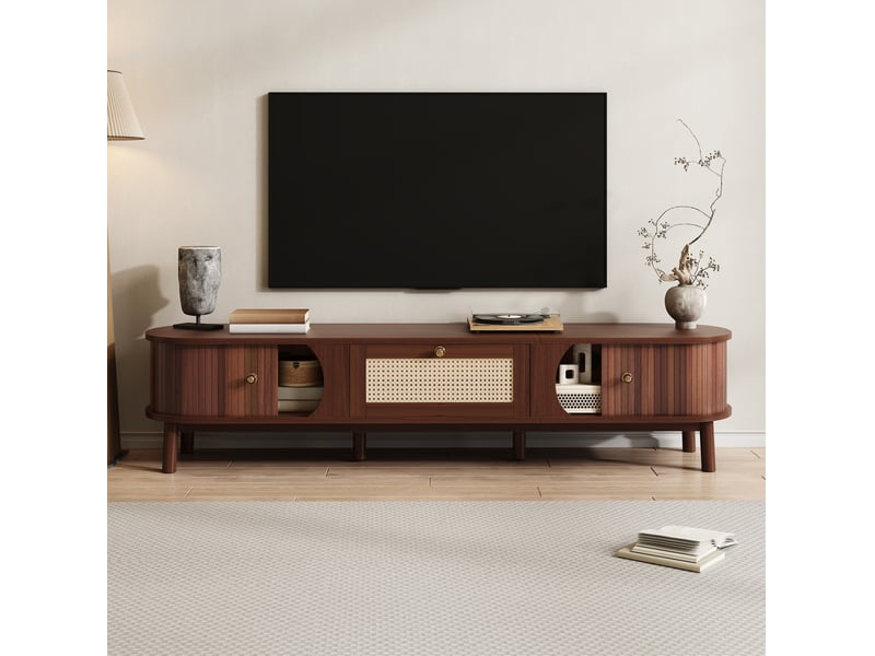  Meuble tv 170 x 39,5 x 38 cm avec portes coulissantes et tiroir en rotin naturel  - Conforama D