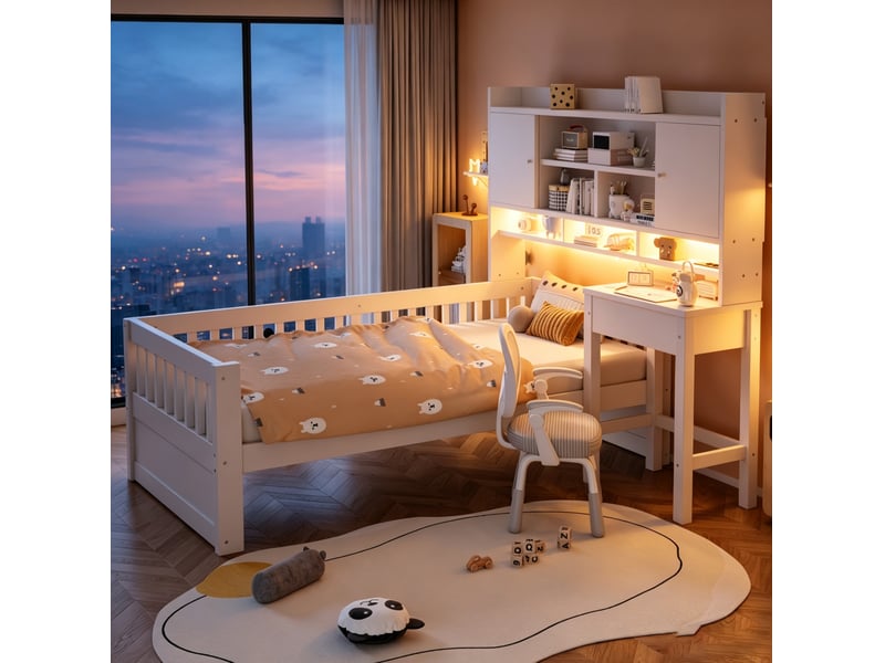 Lit combiné enfant 90x200 cm avec bureau, rangements et led blanc  - Conforama B