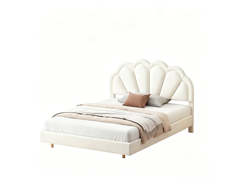  Lit double 140x200 cm, lit enfant avec tête de led réglable et sommier à lattes, lit flottant design forme couronne pour adolescents, velours, beige  - Conforama A