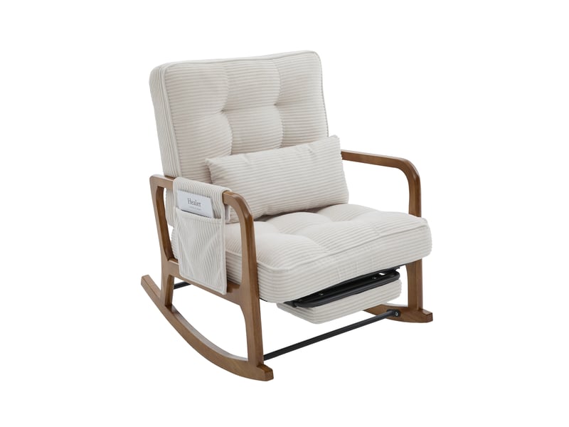  Fauteuil à bascule avec repose-pieds, fauteuil d'allaitement velours côtelé beige, dossier réglable, coussin lombaire, 70x80x92cm  - Conforama A