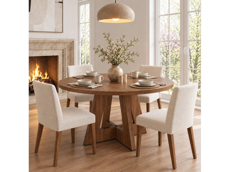  Table à manger ronde 120x120 cm style scandinave, structure en mdf, couleur marron  - Conforama B