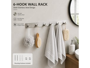 Rack de crochet mural, 6 crochets, acier inoxydable, argent, 39cm, adhésif