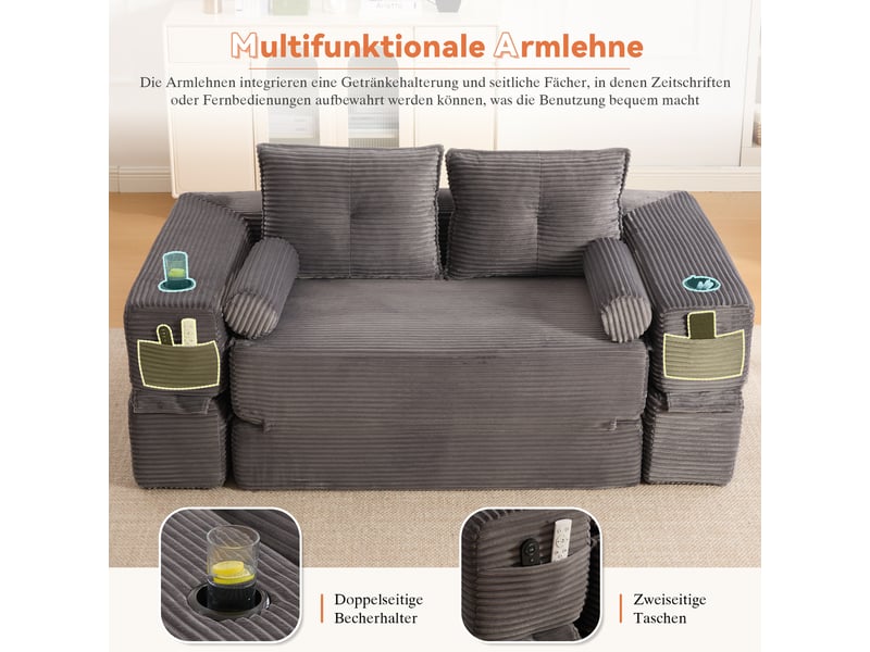  Canapé convertible 2 places en velours côtelé gris foncé avec tiroir de rangement intégré sous l'assise  - Conforama E