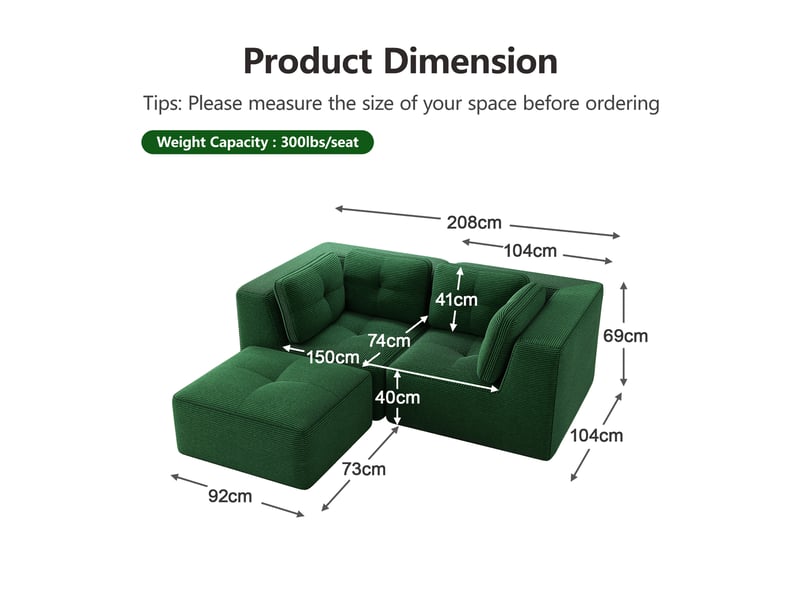 Canapé d'angle modulaire avec assise confortable et modules ajustables pour salon et chambre en tissu côtelé vert - Conforama E