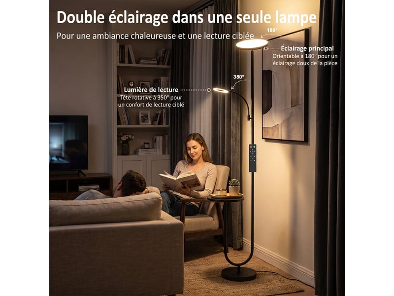  Lampadaire led dimmable 42w 4840lm liseuse réglable et tablette lampadaire sur pied salon 2700k-6000k télécommande noir  - Conforama E