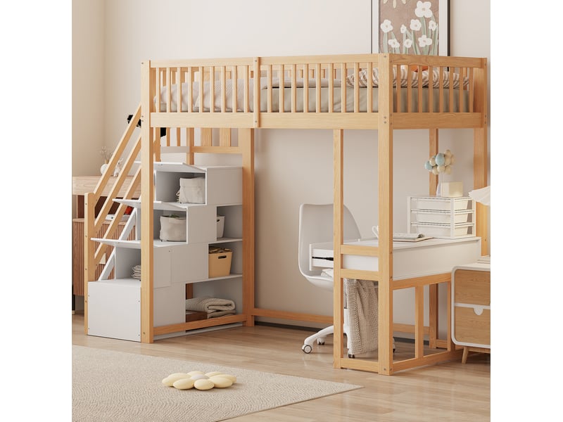  Lit mezzanine enfant 90x200 cm avec bureau, escalier de rangement, blanc et bois  - Conforama B