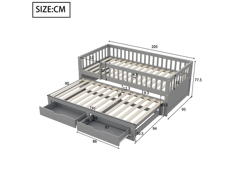  Canapé-lit en bois massif 90*200 cm gris pour enfant, lit gigogne, 2 tiroirs, sommier à lattes, sans matelas  - Conforama B