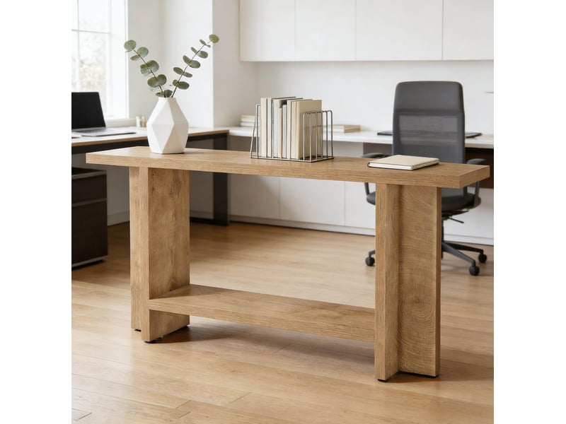  Table console d'entrée 150x30x80 cm marron en mdf à 2 niveaux, rangement ouvert derrière canapé du salon pour la décoration  - Conforama B