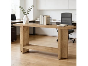Table console d'entrée 150x30x80 cm marron en mdf à 2 niveaux, rangement ouvert derrière canapé du salon pour la décoration