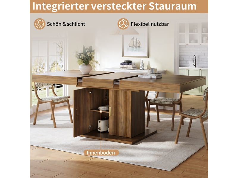 Table à manger extensible 140 à 180 x 90 x 75,2 cm en mdf avec colonne de rangement à portes striées, finition chêne clair ou noyer. - Conforama E