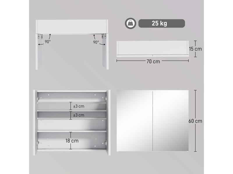  Armoire de toilette murale avec miroir et étagère réglable blanc 70 x 15 x 60 cm  - Conforama C