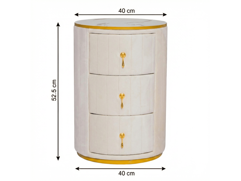  Table de chevet tcqpz ronde 40 x 40 x 52,5 cm 3 tiroirs velours blanc et détails dorés  - Conforama C