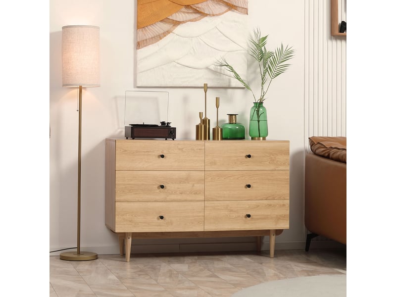  Commode 6 tiroirs meuble de rangement pieds en bois massif 120 x 40 x 80 cm clair marron  - Conforama W