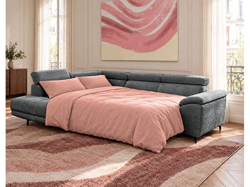 Camille - canapé d'angle gauche 5 places convertible avec têtières et coffre en velours texturé - best mobilier - gris anthracite CAMILLE - Conforama D
