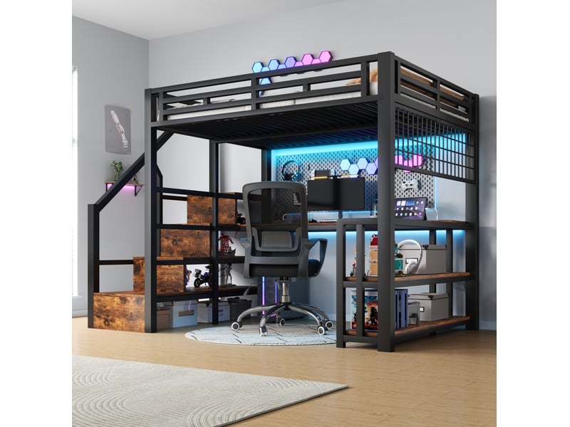  Lit mezzanine enfant 140 x 200 cm avec bureau, rangements et led, noir et blanc  - Conforama D
