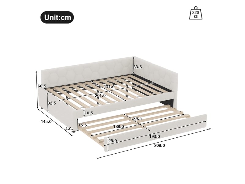  Lit gigogne 140x200 cm avec sommier, lampe, ports usb et type-c, blanc  - Conforama C