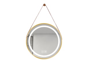 Miroir de salle de bain led 50 cm rond bordure dorée avec sangle anneau lumineux intégré verre sécurit tactile anti-buée