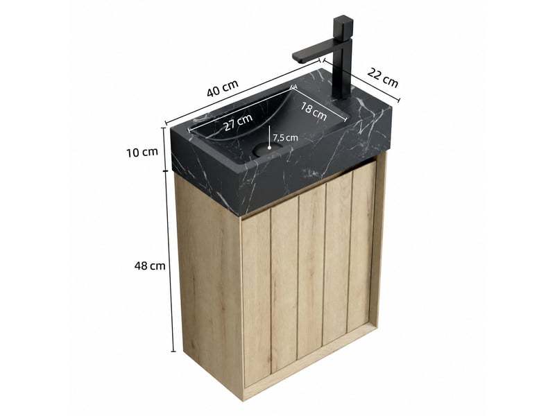  Meuble vasque suspendu 40 cm avec vasque intégrée en marbre naturel, finition chêne blanc  - Conforama C