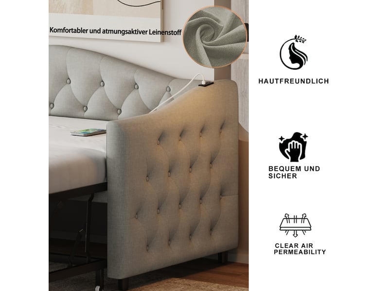  Lit rembourré 90x200 cm avec port usb, canapé-lit en lin, lit simple capitonné et sommier à lattes, gris  - Conforama R