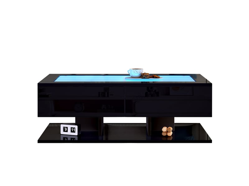  Table basse noire brillante avec tiroirs, table basse led verre trempé 100x50x35cm pour salon moderne  - Conforama W