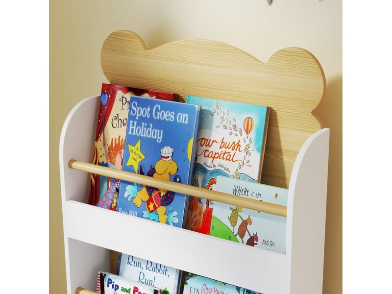 Bibliothèque enfant 55 x 15 x 110 cm blanc et bois clair en bois, 3 niveaux avec protection anti-basculement  - Conforama E