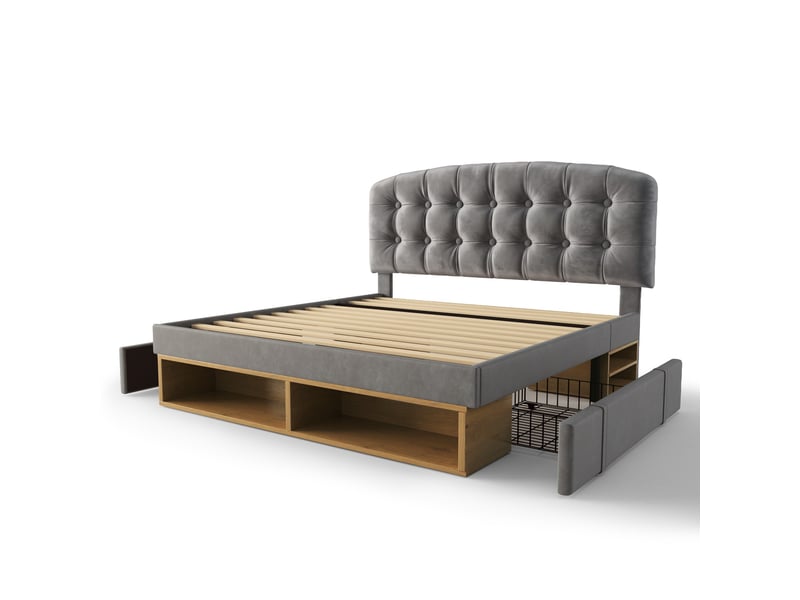  Lit double rembourré 140 x 190 cm avec tiroirs, rangements et tête de lit réglable, velours gris, sommier à lattes Fay Lum - Conforama A