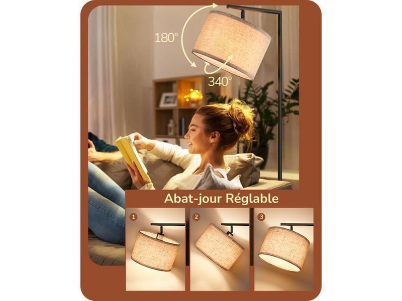  Lampadaire arc rotatif noir avec abat-jour en lin beige réglable 180° - 160 cm h - interrupteur au pied - ampoule led e27 2700k incluse 370618_AAAYE92622_6_DROPFR - Conforama B