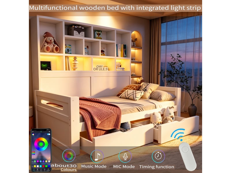  Lit simple en bois 90 x 200 cm avec rangement, éclairage led, prises, étagères ouvertes et 2 tiroirs, blanc  - Conforama C