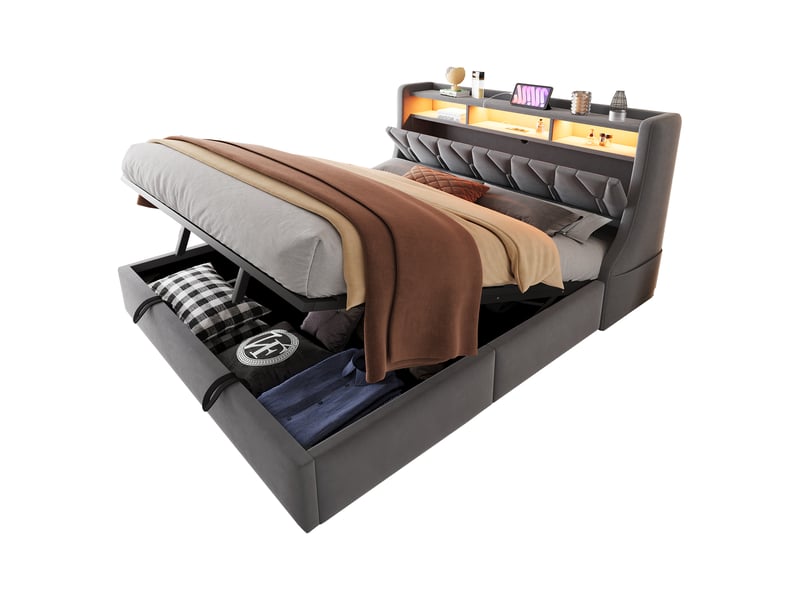  Lit coffre hydraulique 180 x 200 cm gris en velours avec tête de lit rabattable, rangements, led connectée, prises usb-c et pieds larges  - Conforama A