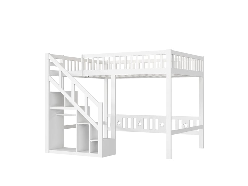 Cadre de lit mezzanine 140x200 cm avec escalier de rangement, sommier à lattes inclus, barrières hautes, mezzanine double avec espace en bas pour bureau ou salon, lit mezzanine multifonctionnel pour chambre d'ado ou studio moder… - Conforama R