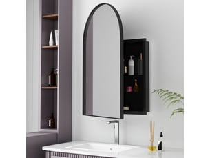Armoire miroir murale arquée noire, cadre métal, étagères réglables, encastrable