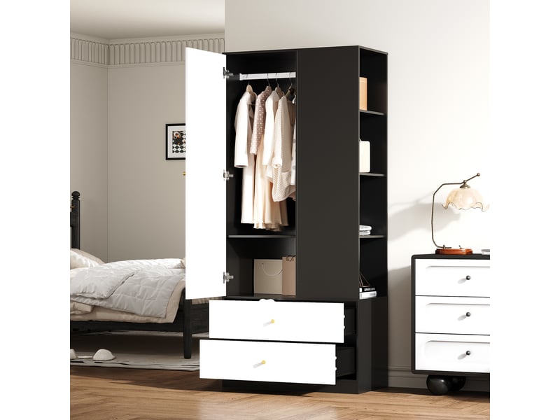  Armoire penderie avec miroir 1 porte 2 tiroirs étagères blanc et noir N657P36876162S - Conforama E