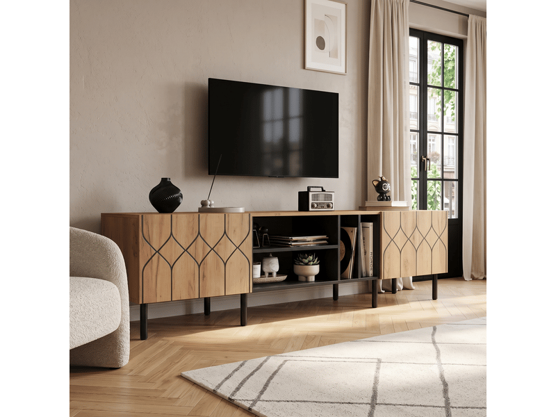  Meuble tv effet bois et noir avec portes à motifs géométriques  - Conforama C