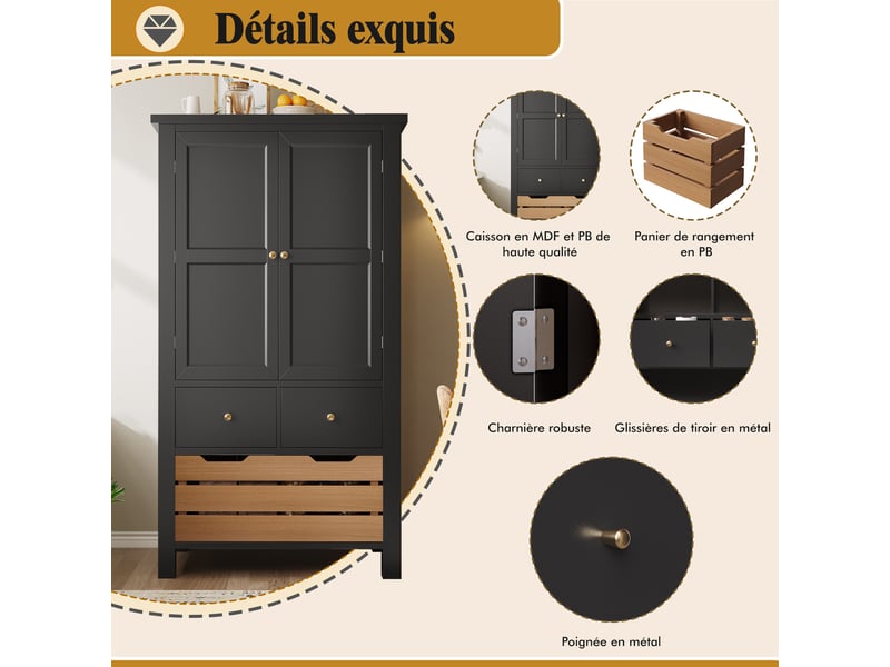 Meuble de cuisine muvano, buffet haut de cuisine noir, 2 portes et 5 tiroirs, 80 × 40 × 140 cm - Conforama R