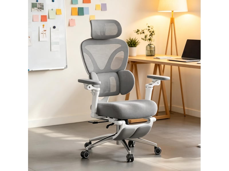 Chaise de bureau ergonomique pivotante avec repose-pieds, soutien lombaire et accoudoirs réglables en maille grise - Conforama E